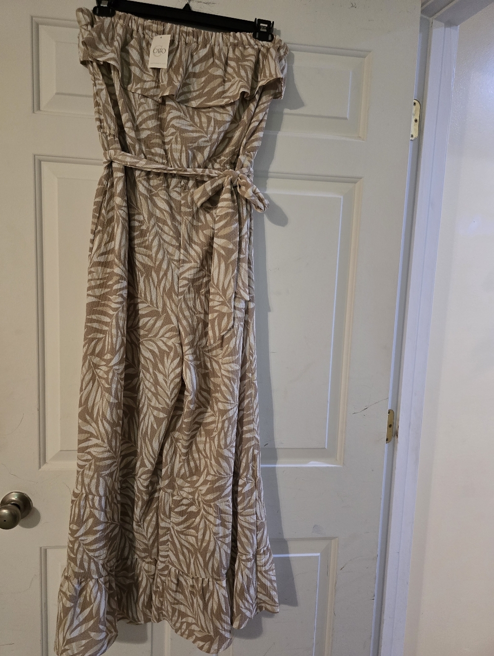 Cato Beige & White Strapless Leaf-Print Jumpsuit. With Ruffle At Bottom Of Leg